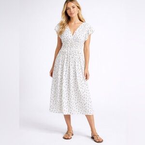 White Floral| Smocked Waist Midi Dress |Cottagecore Flutter Sleeve